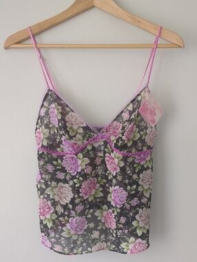 Lejaby Jardin de Rose Floral Pink Black Purple  Sheer Camisole Size S NWT